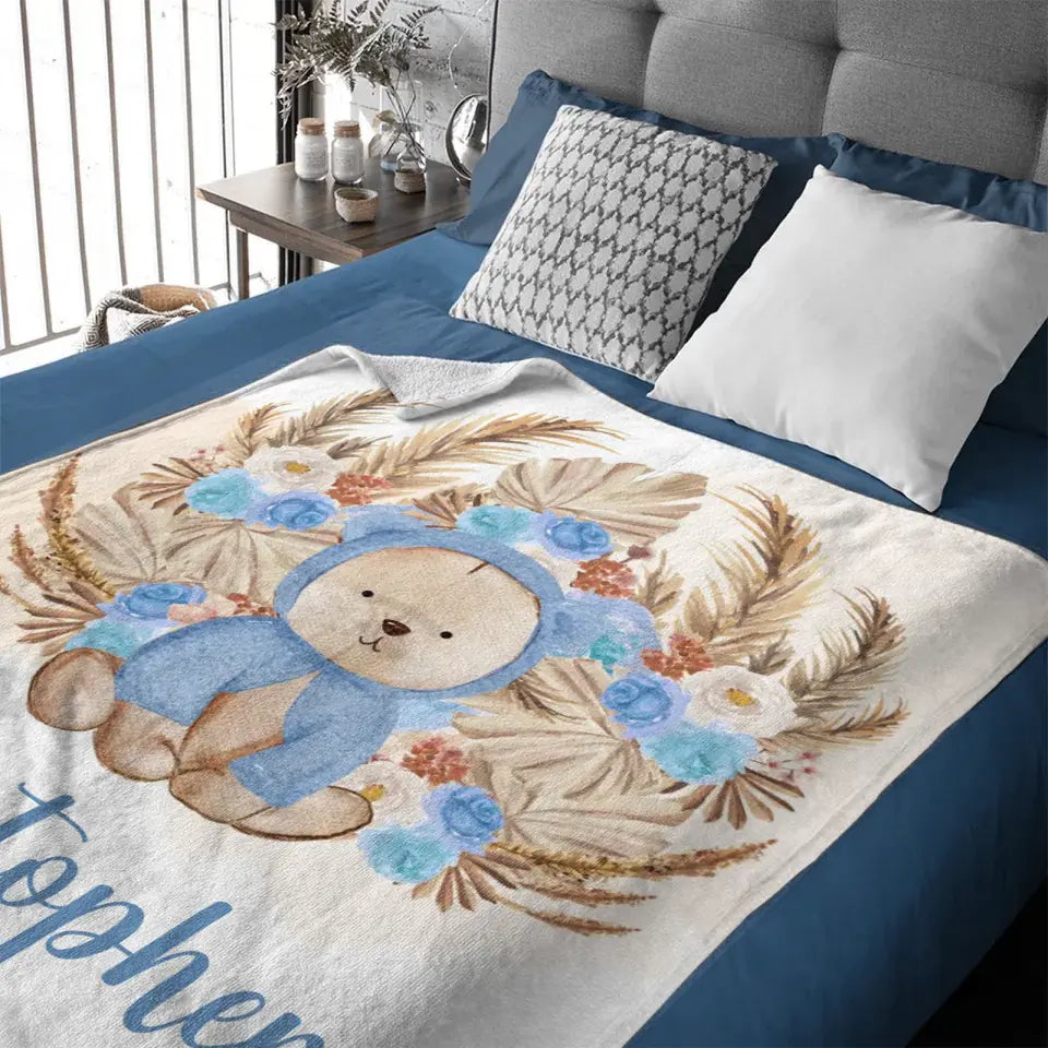 Personalized Bear Blanket With Yellow Leaves Background And Flowers