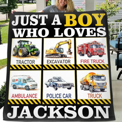 Free shipping✈️Six Truck Gift Blanket - with Names - Just A Boy Who Loves