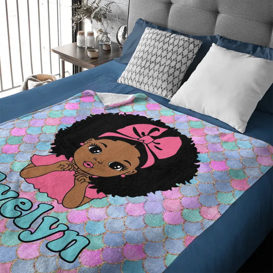 Free shipping✈️Customized Name Mermaid Pattern Black Baby Girl Blanket African Girl Birthday Gift Anniversary Gift