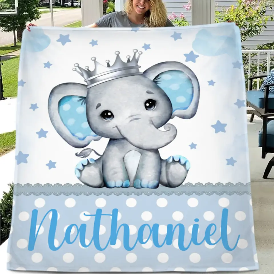 Personalized Sitting Elephant Animal Name Blanket, Gift For Kids