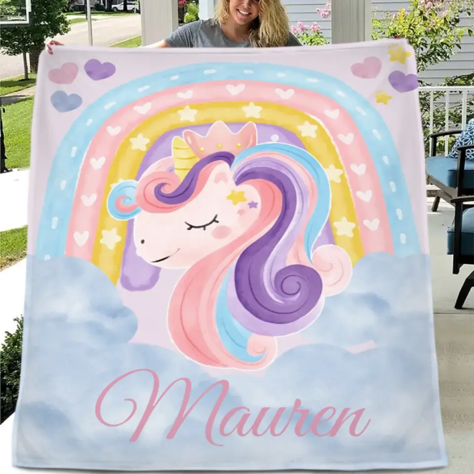 Personalized Baby Name Blanket With Rainbow Unicorn - Gift For Granddaughter