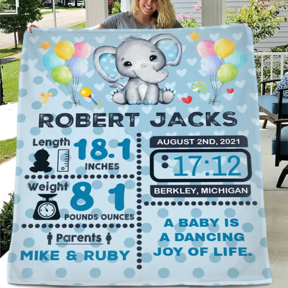 Free shipping✈️Personalized Baby Birth Stats Elephant Blanket for Boys Girls