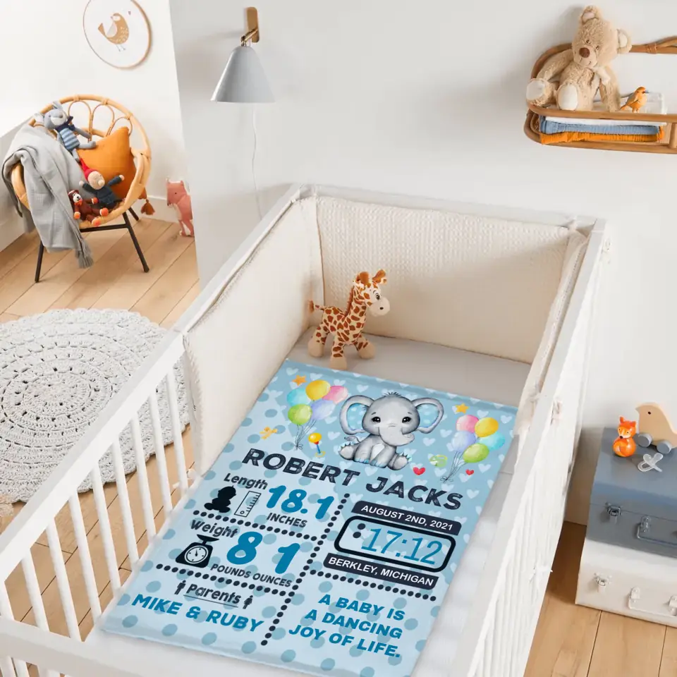 Personalized Baby Birth Stats Elephant Blanket for Boys Girls
