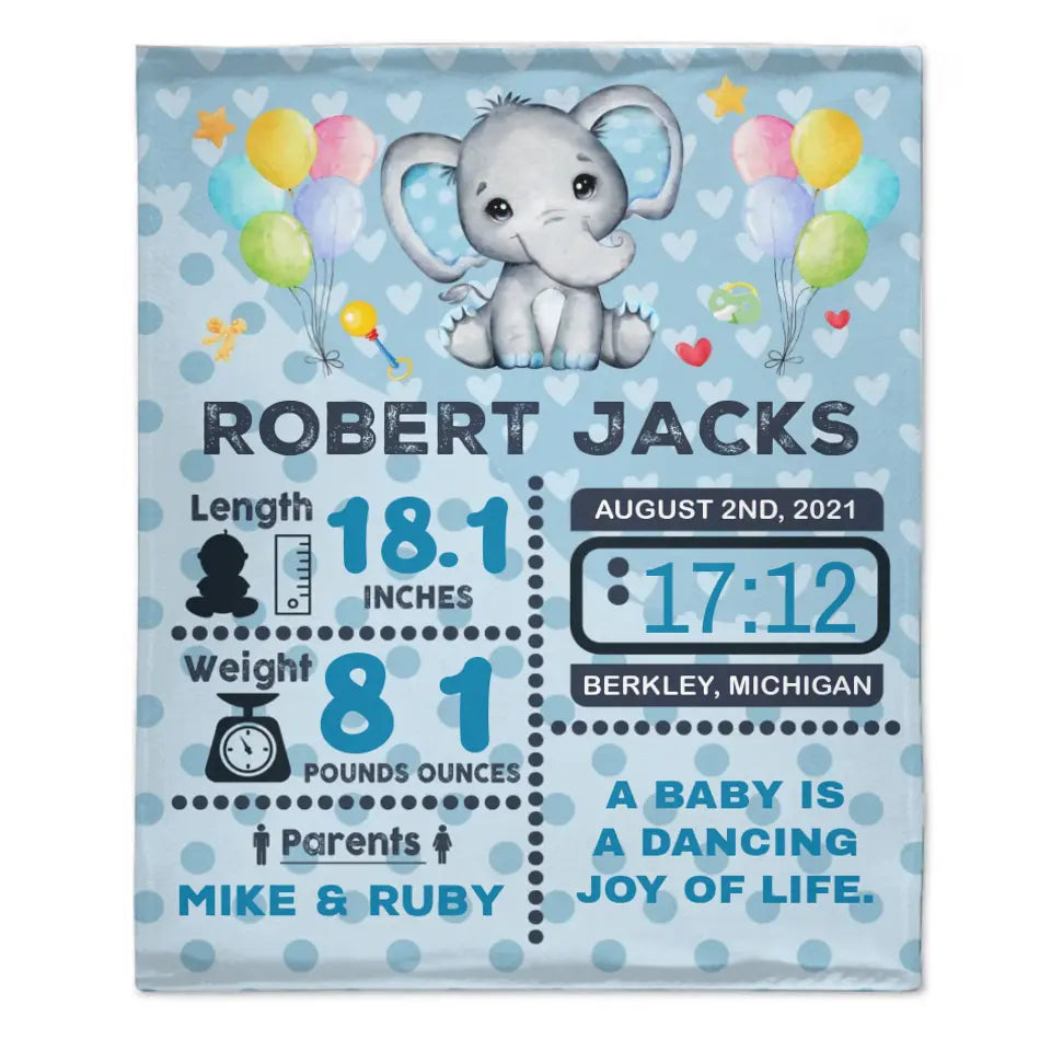 Free shipping✈️Personalized Baby Birth Stats Elephant Blanket for Boys Girls