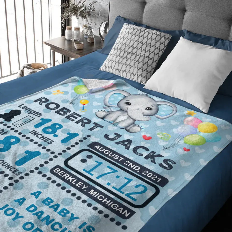 Personalized Baby Birth Stats Elephant Blanket for Boys Girls