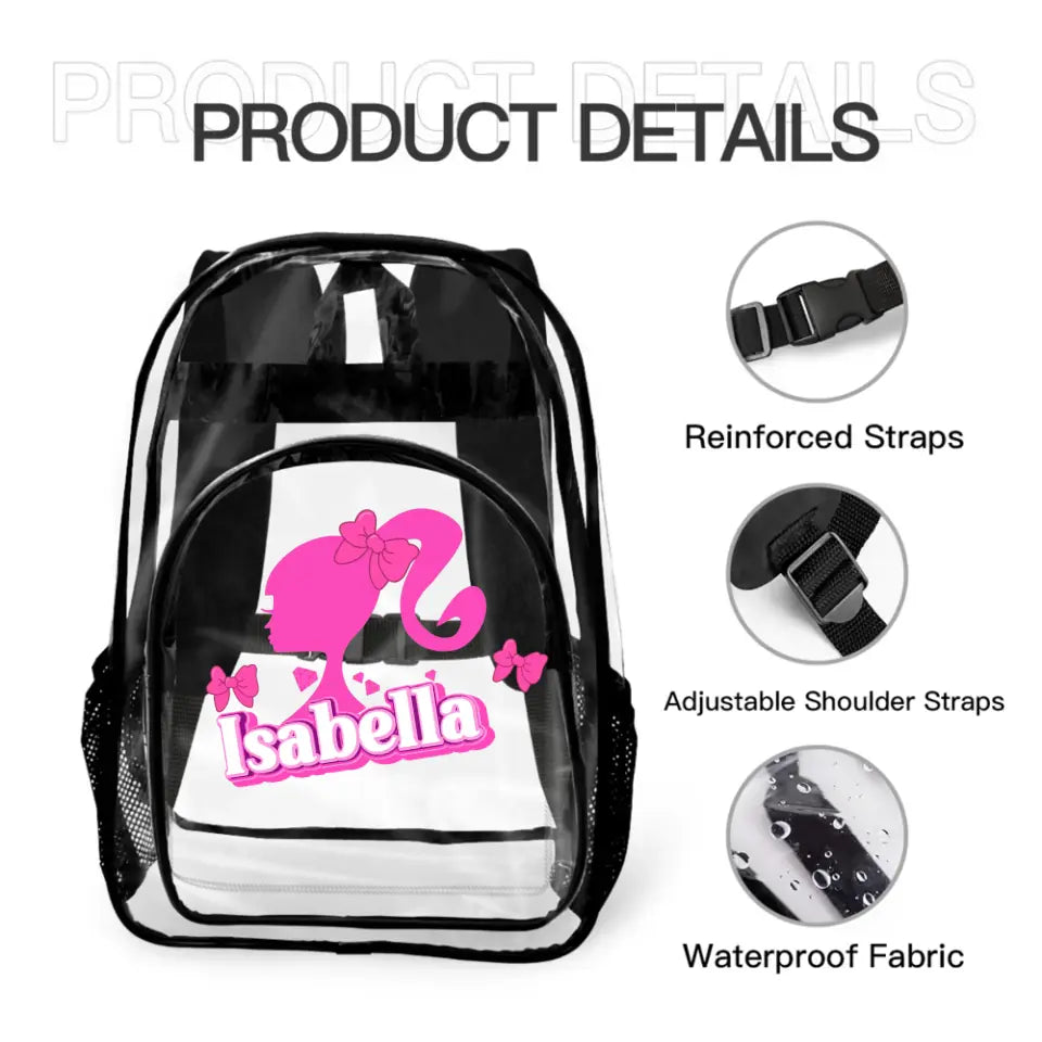 Pink Girl Silhouette Name Custom Clear Backpack - School Season Gifts