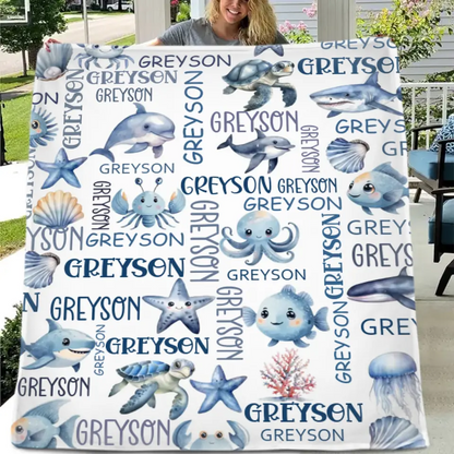 Free Shipping✈️Customized Marine Animal Names Custom Blankets, Sea Turtle Swaddles, New Baby Gifts, Newborn Gifts