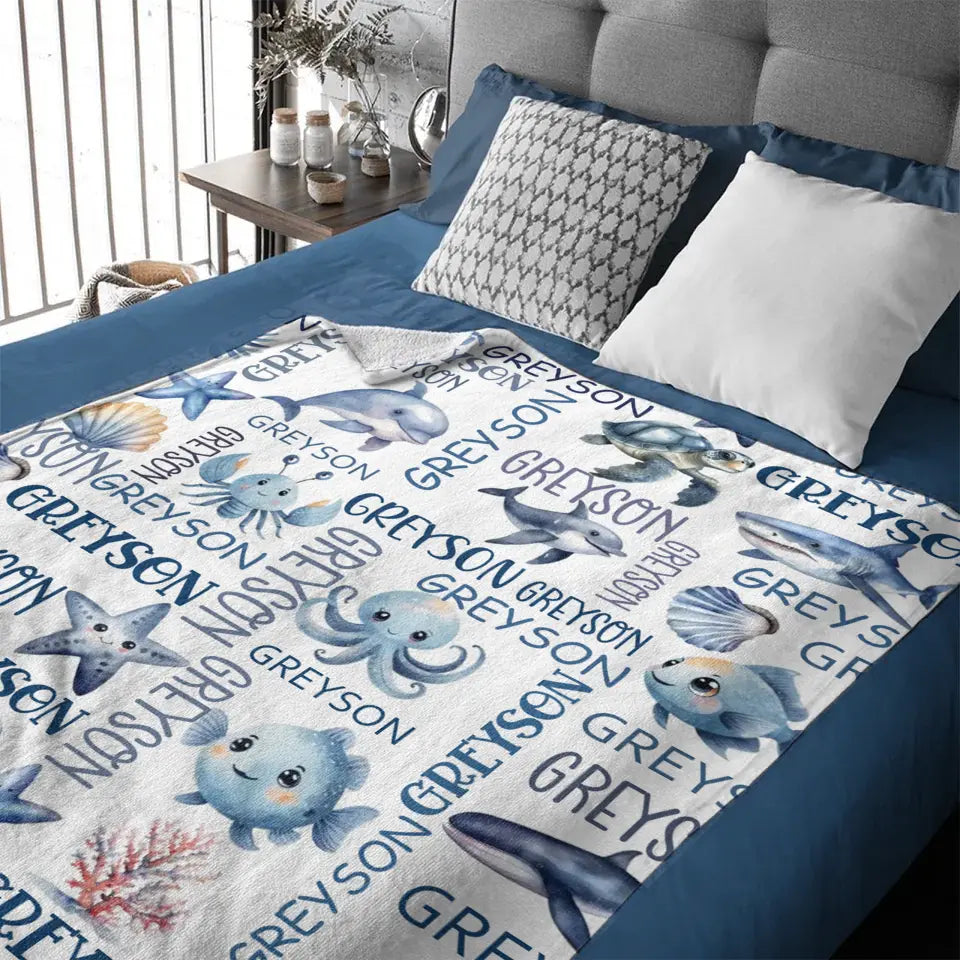 Customized Marine Animal Names Custom Blankets, Sea Turtle Swaddles, New Baby Gifts, Newborn Gifts