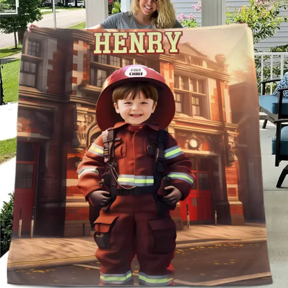 Free Shipping✈️Custom Kids Gift Blanket With Photo Name, Personalized Firefighter Boy Blanket, Custom Boy Firefighter Gifts