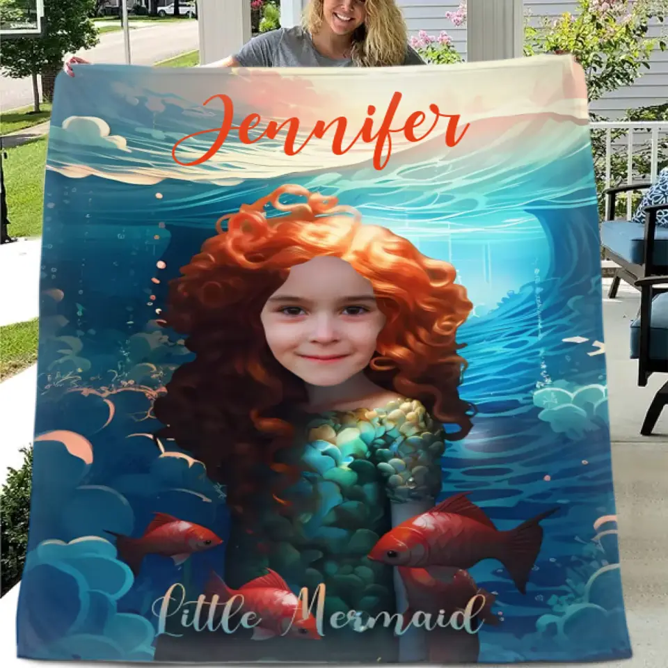 Free shipping✈️Custom Photo Name Little Mermaid Blanket, Personalized Gift for Daughter, Little Mermaid Birthday Surprise