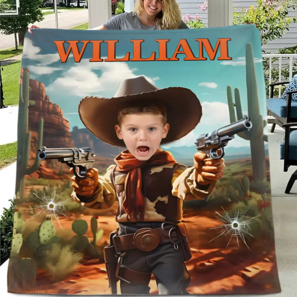 Free shipping✈️Cowboy Boys Blanket with Photo, Personalized Western Boy Blanket Custom Cowboy Gifts for Boys