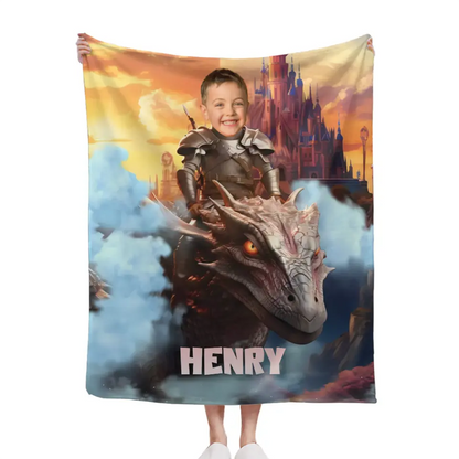 Free shipping✈️Custom Blankets Little Knight and Dragon Photo Gift, Boys Name Blanket