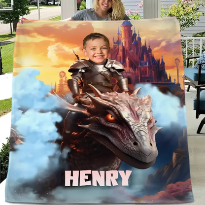 Free shipping✈️Custom Blankets Little Knight and Dragon Photo Gift, Boys Name Blanket