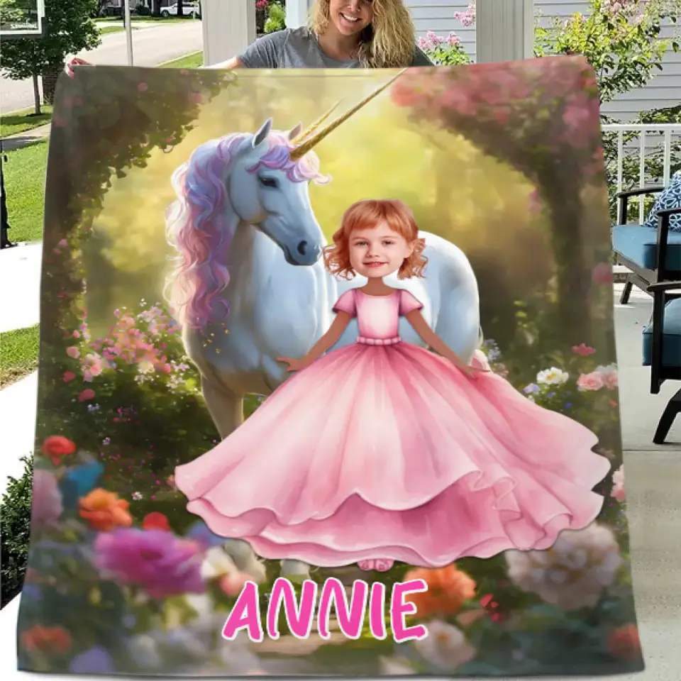 Free Shipping✈️Custom Name Photo Blanket Personalized Colorful Princess and Unicorn Blanket