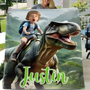 Custom Name Photo Blanket Personalized Paw Boy Riding Dinosaur Blanket