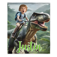 Custom Name Photo Blanket Personalized Paw Boy Riding Dinosaur Blanket