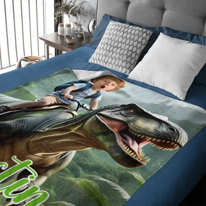 Free Shipping✈️Custom Name Photo Blanket Personalized Paw Boy Riding Dinosaur Blanket