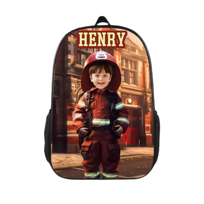 Custom Kids Backpacks with Photo Name, Personalized Boys Firefighter Backpacks, Custom Boys Firefighter Gifts