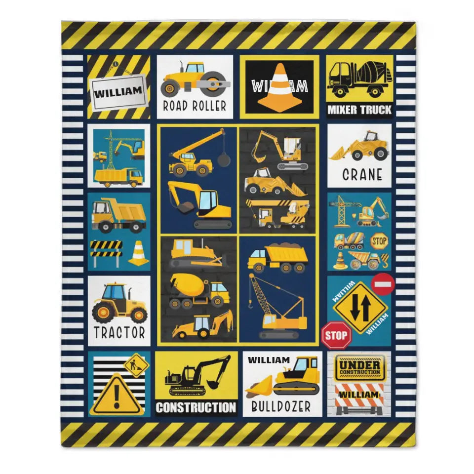 Construction Vehicle Truck Collection - Customized Children's Name Blanket