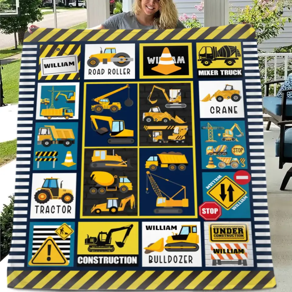 Construction Vehicle Truck Collection - Customized Children's Name Blanket