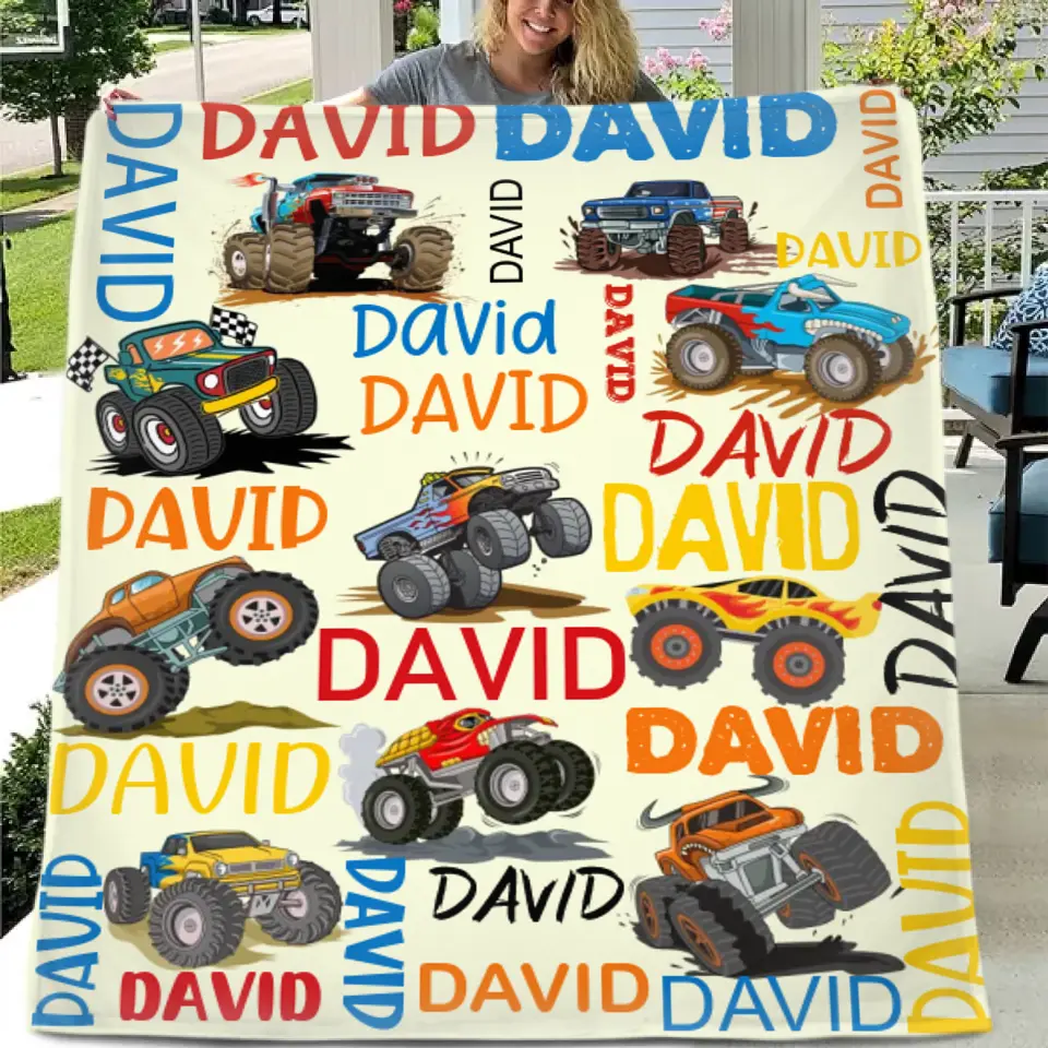 Monster Trucks Cars Motorcycles Collection - Customized Kids Name Blanket