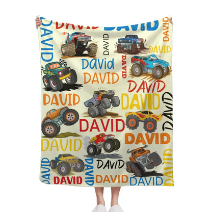 Monster Trucks Cars Motorcycles Collection - Customized Kids Name Blanket