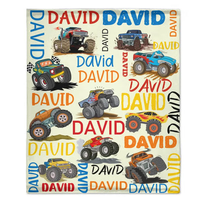 Monster Trucks Cars Motorcycles Collection - Customized Kids Name Blanket