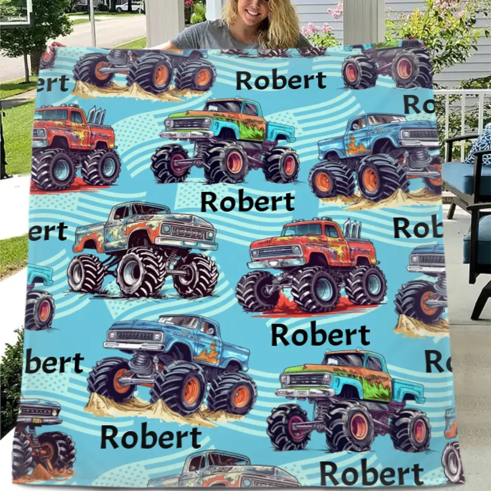 Monster Trucks Cars Motorcycles Collection - Customized Kids Name Blanket