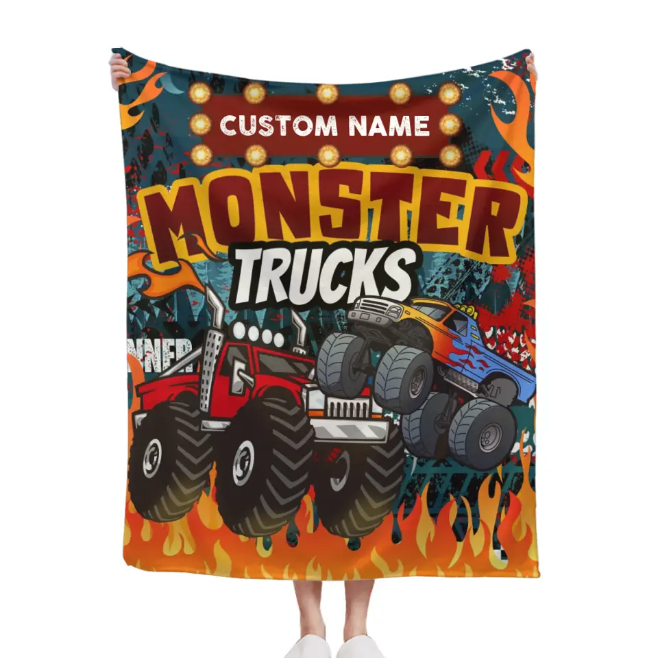 Monster Trucks Cars Motorcycles Collection - Customized Kids Name Blanket