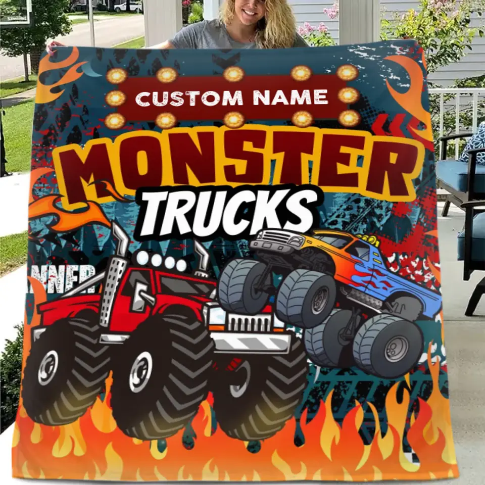 Monster Trucks Cars Motorcycles Collection - Customized Kids Name Blanket