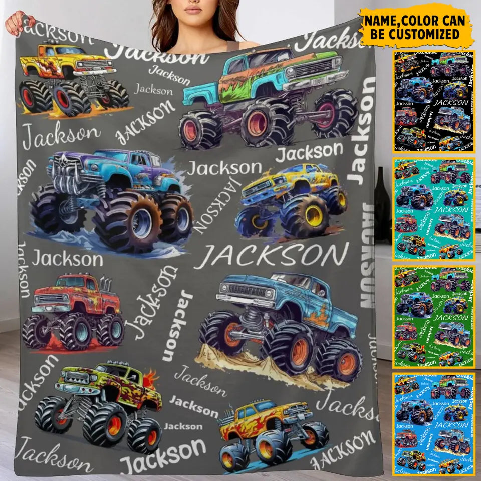 Monster Trucks Cars Motorcycles Collection - Customized Kids Name Blanket