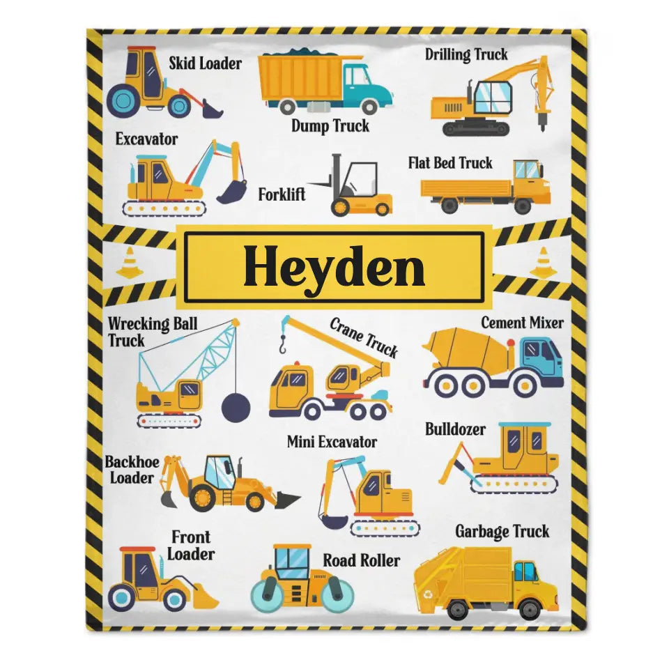 Construction Vehicle Truck Collection - Customized Children's Name Blanket