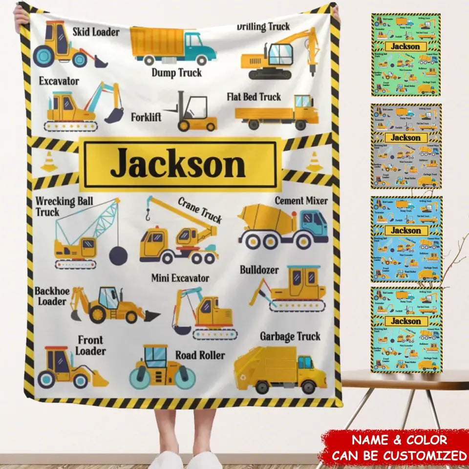 Construction Vehicle Truck Collection - Customized Children's Name Blanket