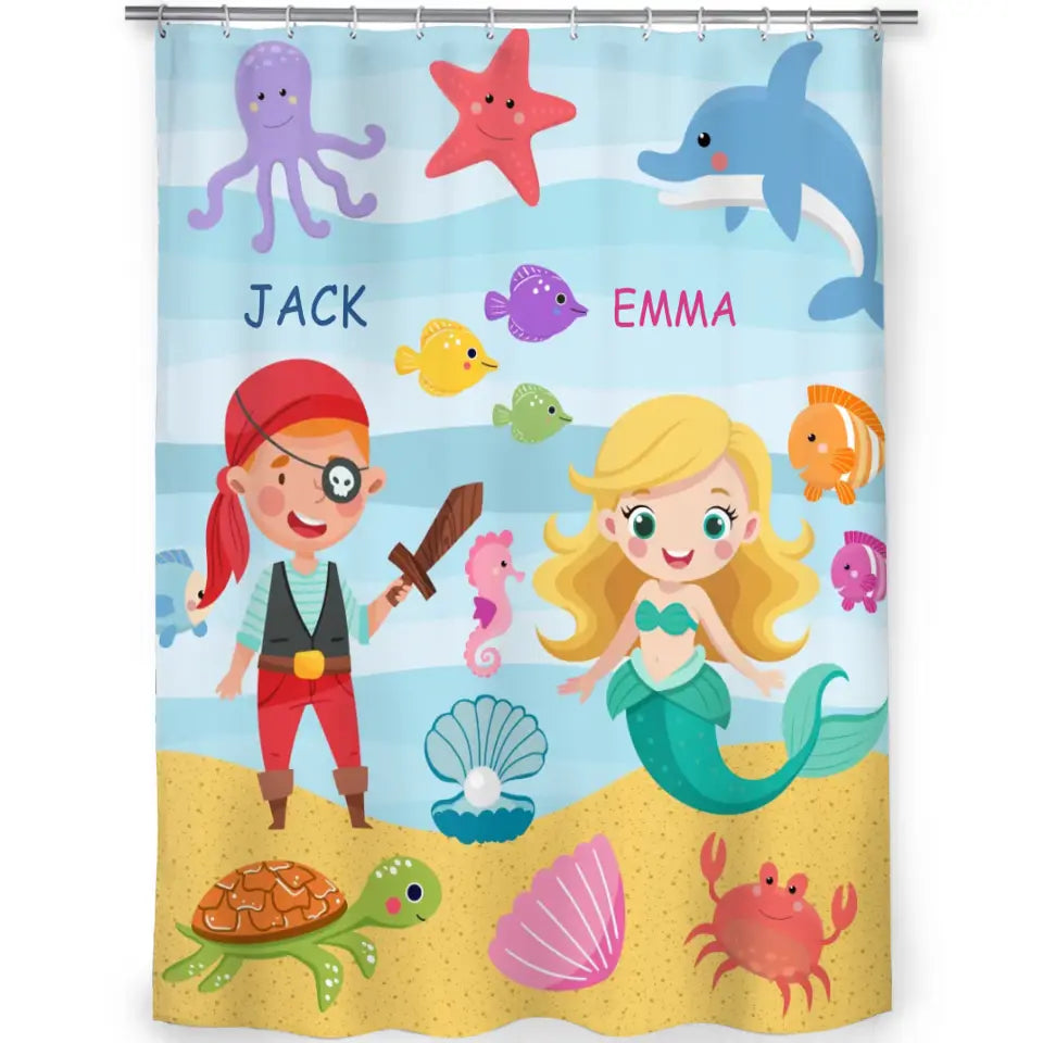 Sea Animals Brother Sister Mermaid Pirate Names Shower Curtain Bathroom Decoration