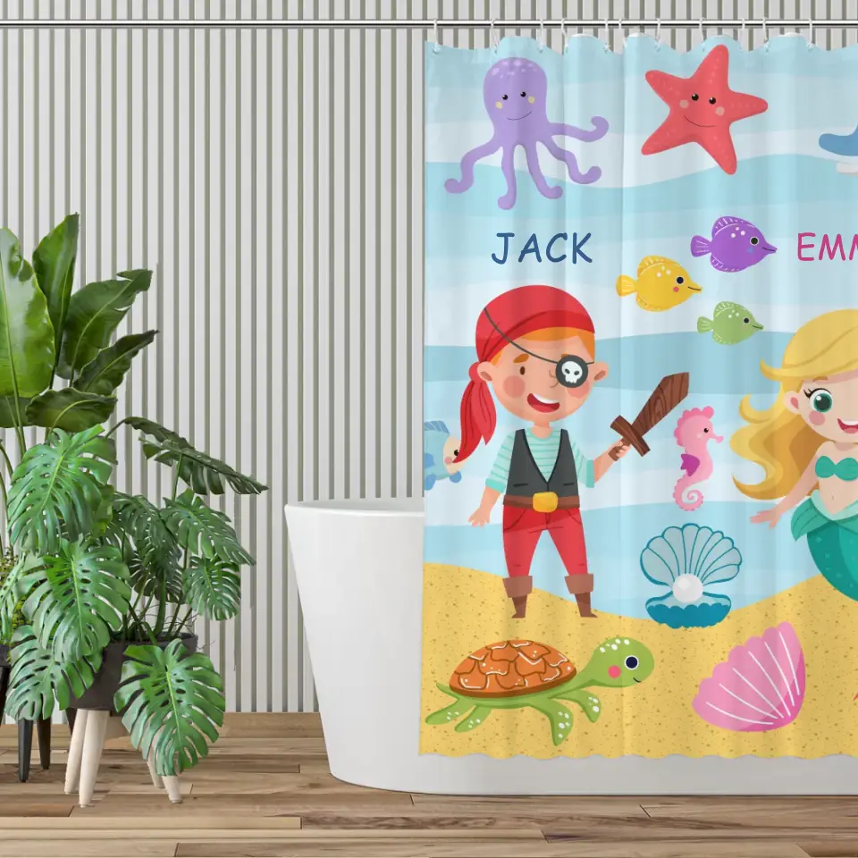 Sea Animals Brother Sister Mermaid Pirate Names Shower Curtain Bathroom Decoration