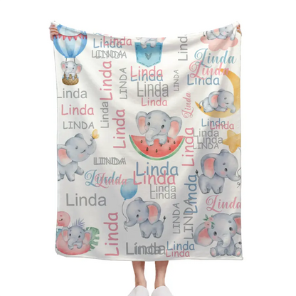 Cute Little Elephant Children's Name Customized Blanket Birthday Gift Christmas Gift