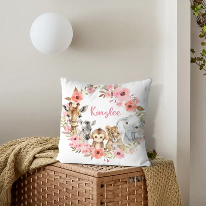 Red Flowers Safari Baby Animal Name Customized Pillow