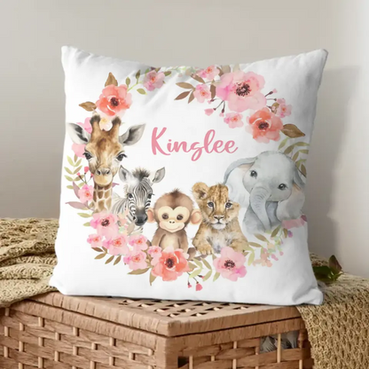 Red Flowers Safari Baby Animal Name Customized Pillow