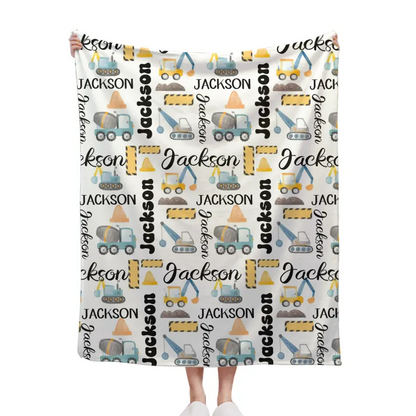 Customized Name Construction Truck Blanket, Children's Gift