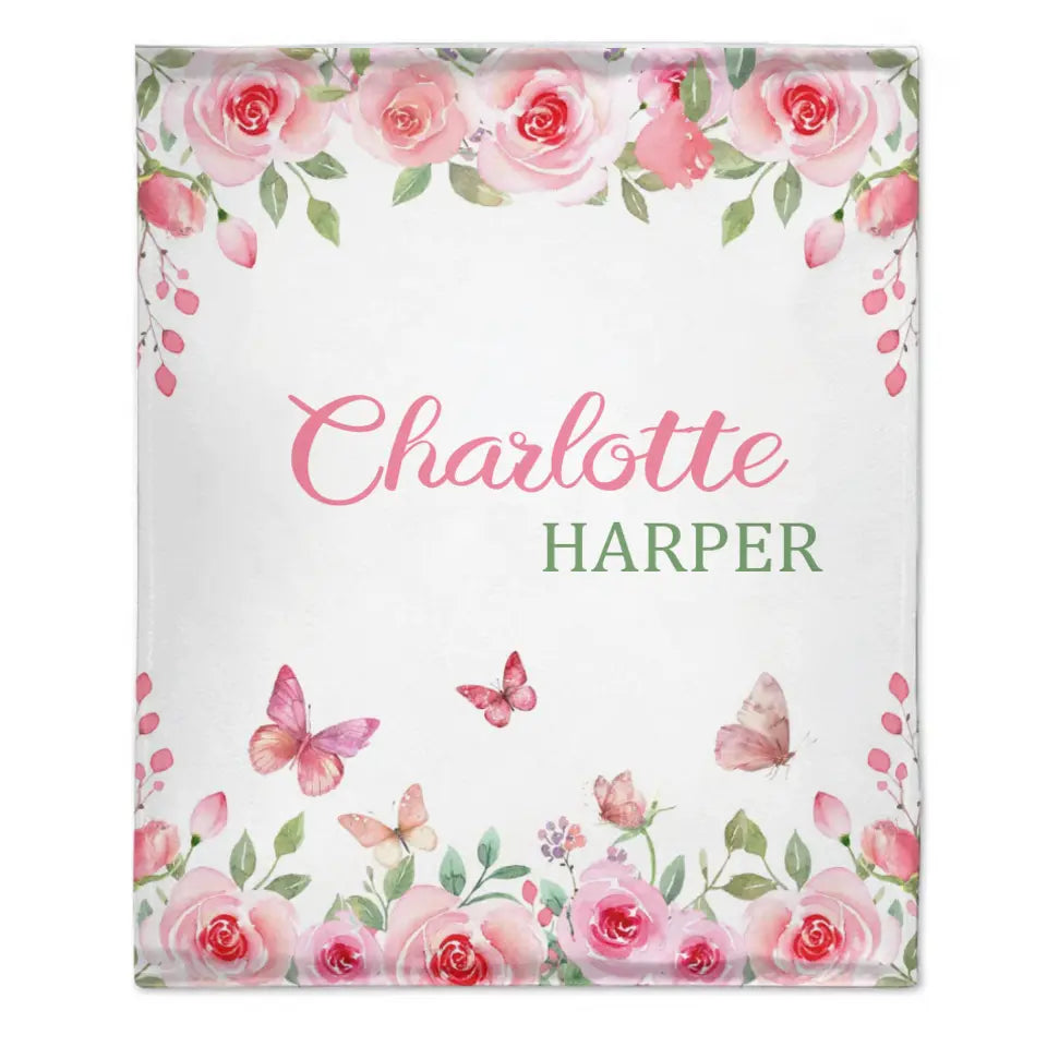 Personalized Name Pink Flower Blanket