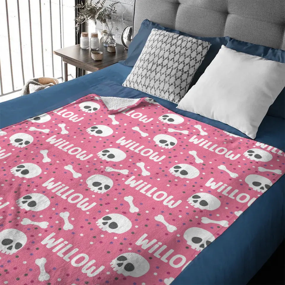 Cute Halloween Name Blanket, Personalized Pink Skull Blanket