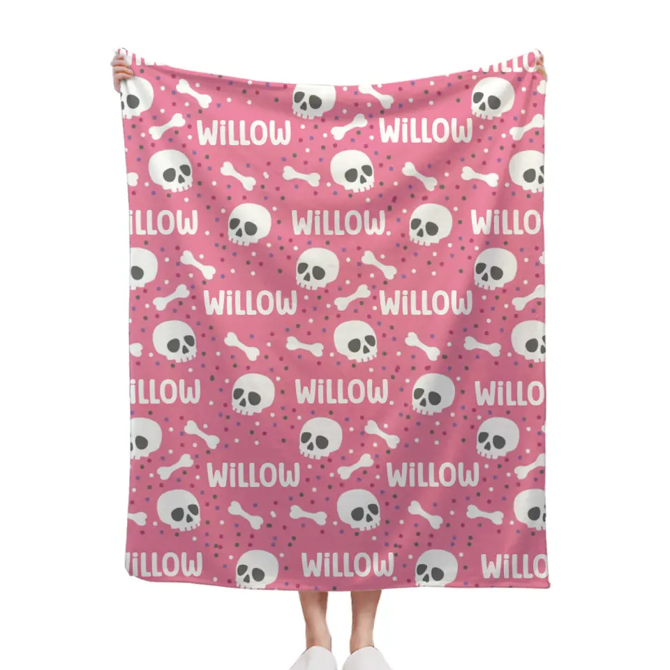 Cute Halloween Name Blanket, Personalized Pink Skull Blanket