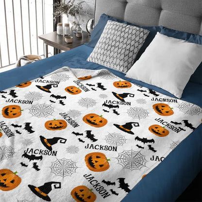 Haunted Halloween Blanket - Spider Webs Witch's Hat Black Bats and Decorated Pumpkins Print