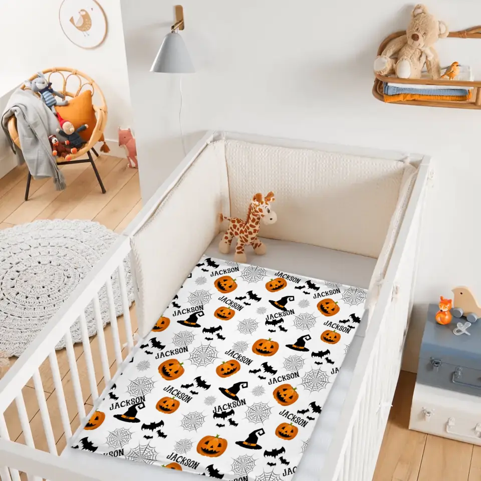 Haunted Halloween Blanket - Spider Webs Witch's Hat Black Bats and Decorated Pumpkins Print