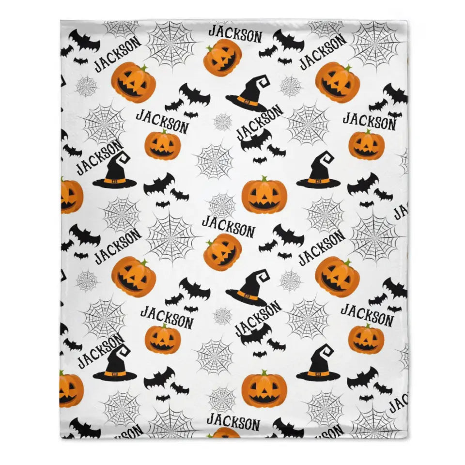 Haunted Halloween Blanket - Spider Webs Witch's Hat Black Bats and Decorated Pumpkins Print