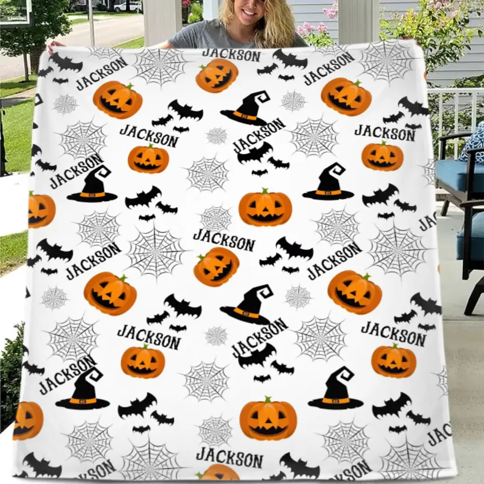 Haunted Halloween Blanket - Spider Webs Witch's Hat Black Bats and Decorated Pumpkins Print