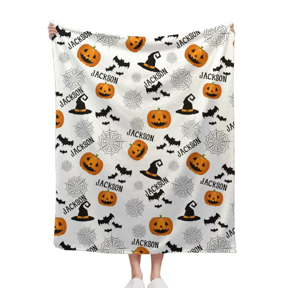 Haunted Halloween Blanket - Spider Webs Witch's Hat Black Bats and Decorated Pumpkins Print