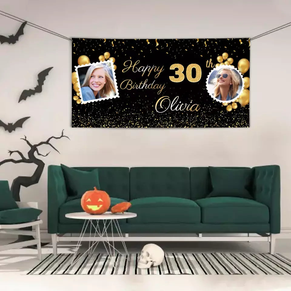 Birthday Personalized Banner With Photo, Gold Party Decoration