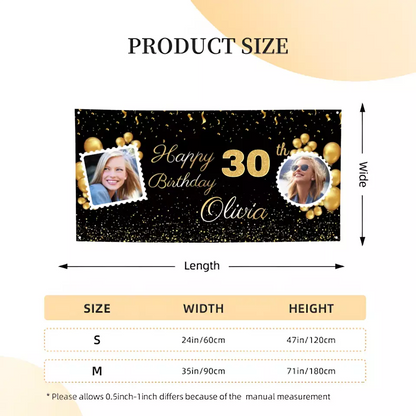 Birthday Personalized Banner With Photo, Gold Party Decoration