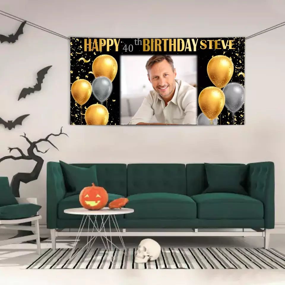 Birthday Banner with Photo - Gold and Silver Birthday Sign